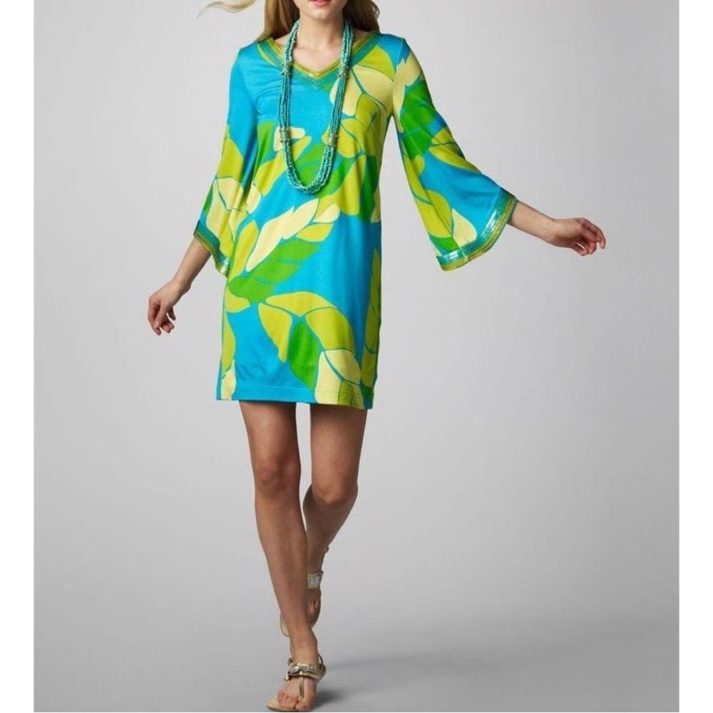 70's Sequins V-Neck Bell Sleeve Dress  -  Lilly Pulitzer Eliana Palm Leaf -  Sm